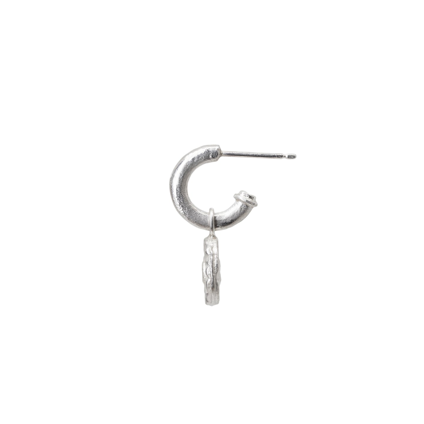 Silver hoop earring with a diamond charm on a white background