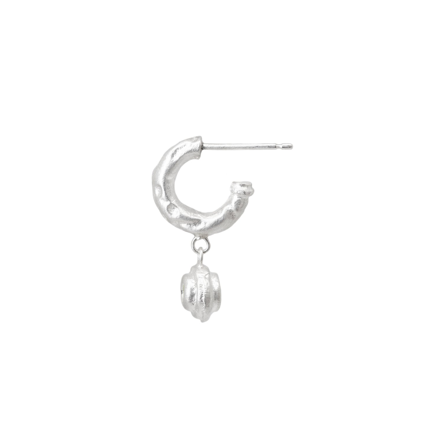 Silver hoop earring with a small round sapphire charm on a white background