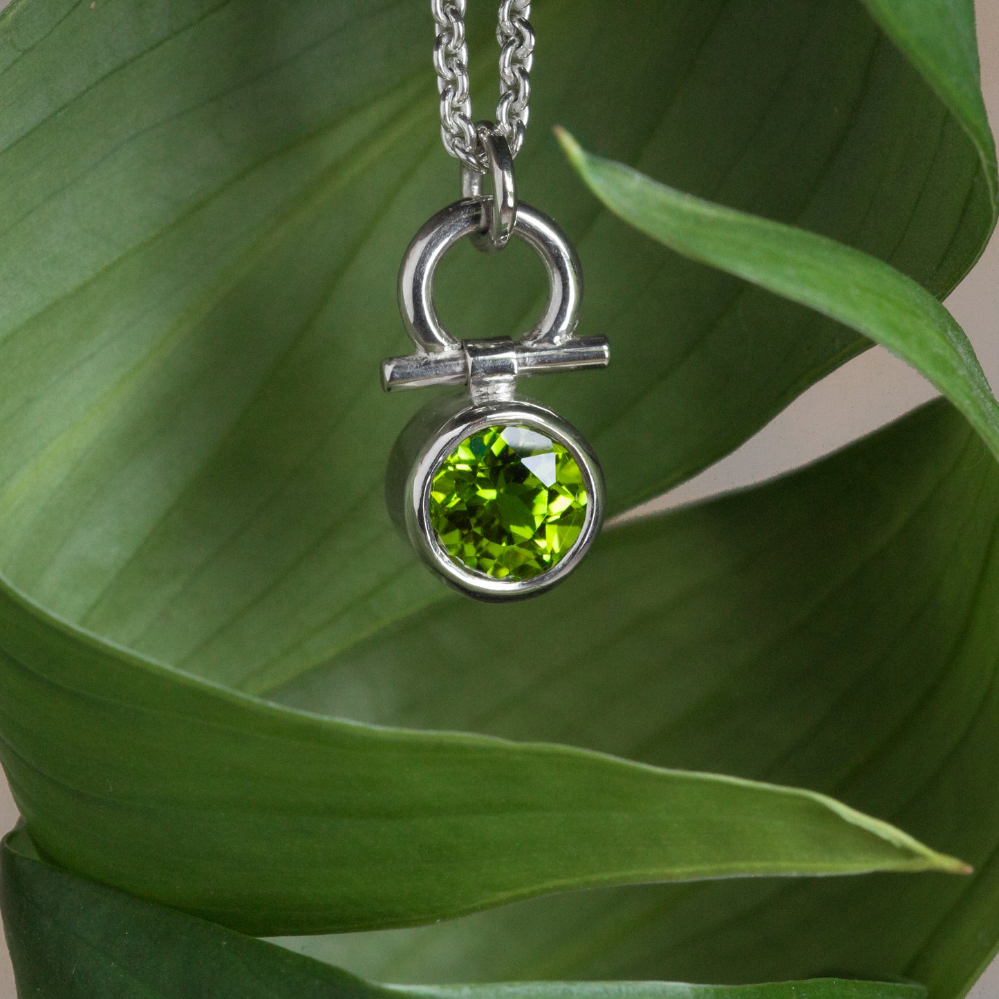 Silver necklace with a peridot gemstone pendant on a green leaf background
