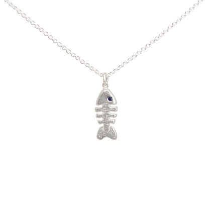 Silver fish bone skeleton necklace with a sapphire eye on a white background