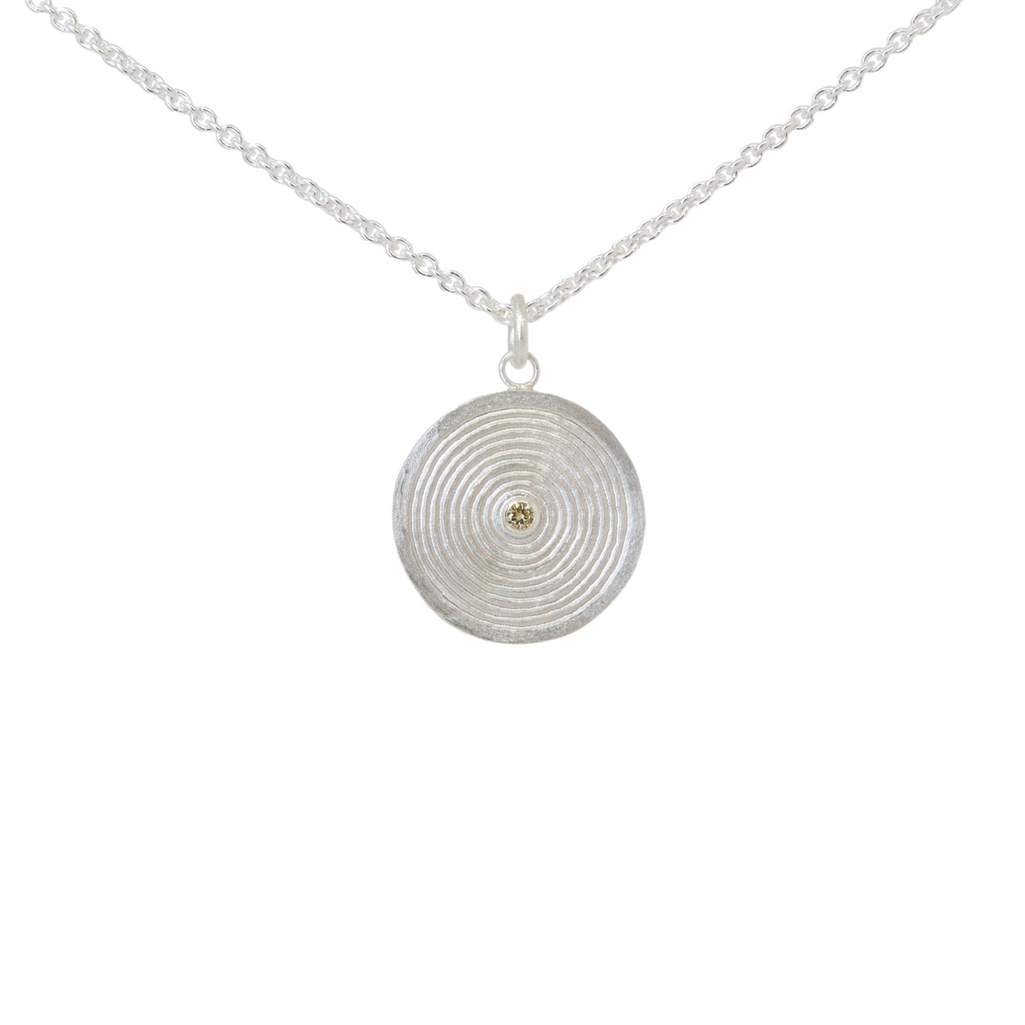Sterling silver pendant necklace with a circular design set with a yellow diamond