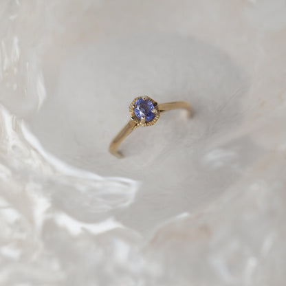 Gold ring with a sapphire gemstone on a textured beige background